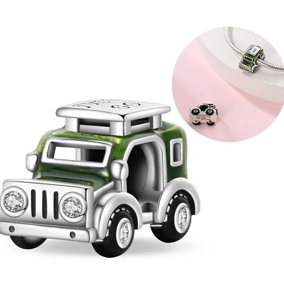 Green and Silver Jeep Charm 925 Sterling Silver - Picture 2 of 13